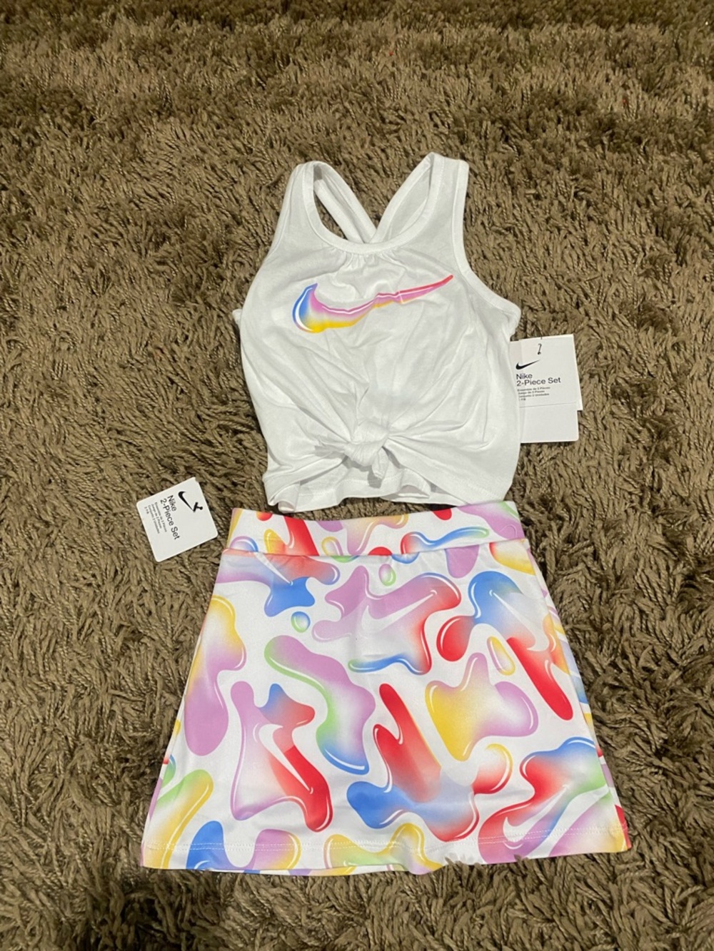 Nike White Girls' Tank & Skort Set with Rainbow Swoosh